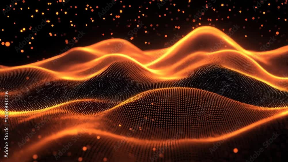 Poster Dynamic orange particle background with dotted lines creating depth and visual interest, Orange Particle and Dot Line Background