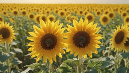 Fototapeta premium A bee in flight, approaching a vibrant sunflower field , pollen, fauna