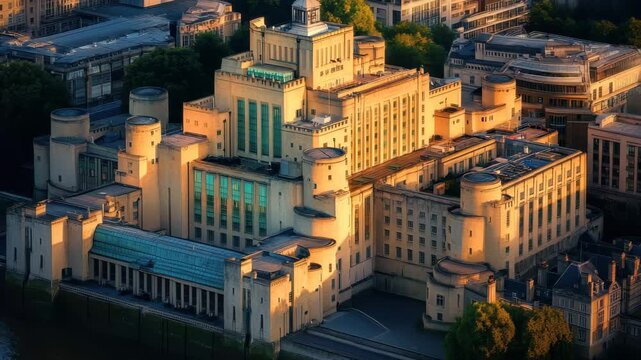 Aerial sunset view showcasing the SIS Building along the River Thames in London, England, Aerial sunset view SIS MI6 Building London England