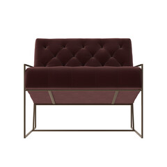 Wine red tufted lounge chair with gold frame front view isolated.