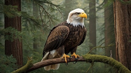 Obraz premium Majestic eagle perched on a mossy branch in a misty forest