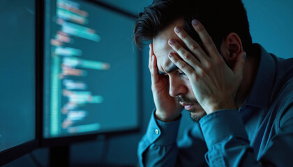pro experiences stress during data breach crisis. Man faces pressure, responsibility managing sensitive information. Emergency alert. Frustrated expert overworked, worried about system security.
