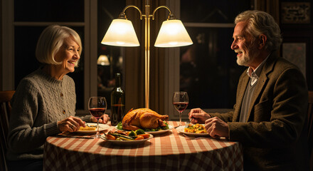 Elderly couple sharing a romantic dinner with wine and turkey on table