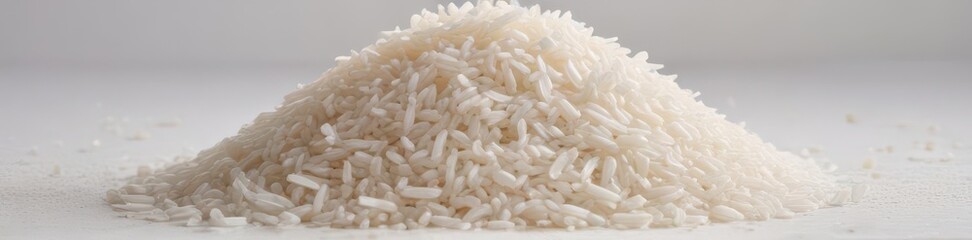 A mound of uncooked long-grain white rice on a plain white surface , long grain rice, white rice