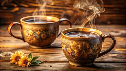 Two steaming mugs with floral designs rest on a wooden surface, inviting warmth and comfort.