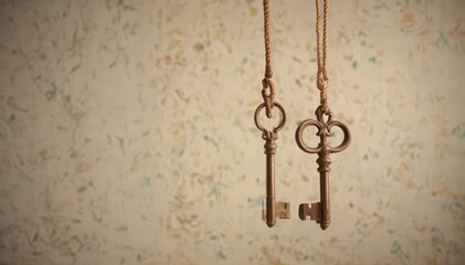 A single, antique key hangs from a thin, knotted string against a plain background , worn, stock, metal