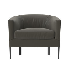 Dark leather barrel chair angled view isolated.