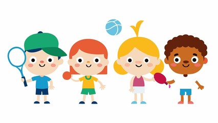 Diverse Group Cartoon Kids Playing Tennis Match
