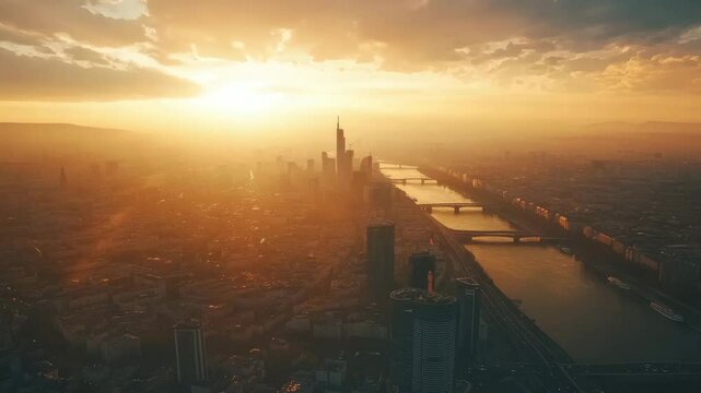 Aerial view of modern skyscrapers in Vienna at sunset showcasing urban architecture and river landscape, aerial view of vienna skyscrapers modern city at sunrise flying over danube bridge