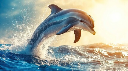 Naklejka premium Dolphin leaps into sunrise. Ocean waves spray around it. Majestic and powerful