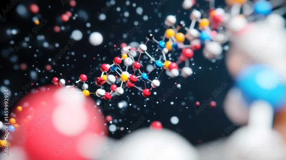 Poster data processing visualization featuring molecular structures on a black backdrop, data processing an
