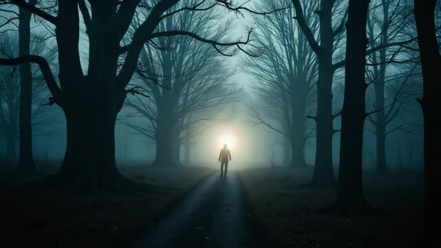 Mysterious figure walking down foggy path in dark forest. Person silhouette in misty woods with light at end of road. Spooky Halloween scene perfect for horror movie poster or themed invitation.