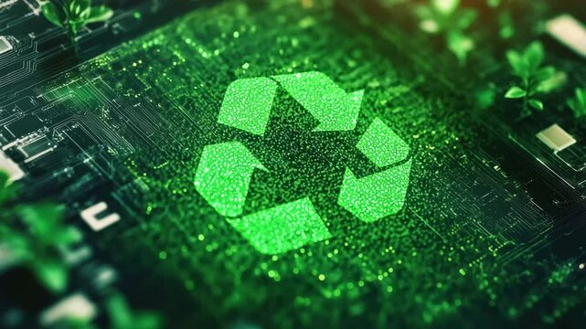 Digital recycling icons and data processing illustrated with green plants in a technology landscape, eco icons and digital data processing over scope and screens - Powered by Adobe