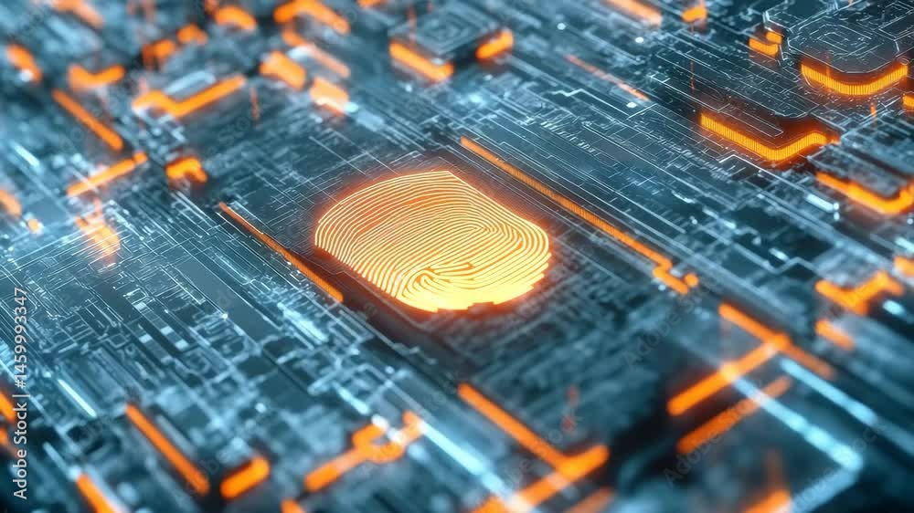Poster Biometric fingerprint analysis over digital data processing in futuristic technology, biometric fingerprint over digital data processing on dark background
