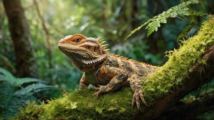 Obraz premium Lizard perched on a mossy branch in a lush forest