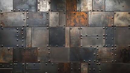 Close up of riveted metal plates forming a patchwork pattern with dark tones and rust