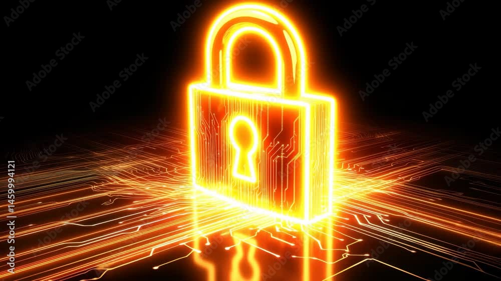 Poster digital security system with padlock icon and data connections over computer networks, padlock icon 
