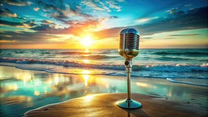 Vintage microphone on a sandy beach at sunset, capturing the sounds of the sea and the whisper of the breeze