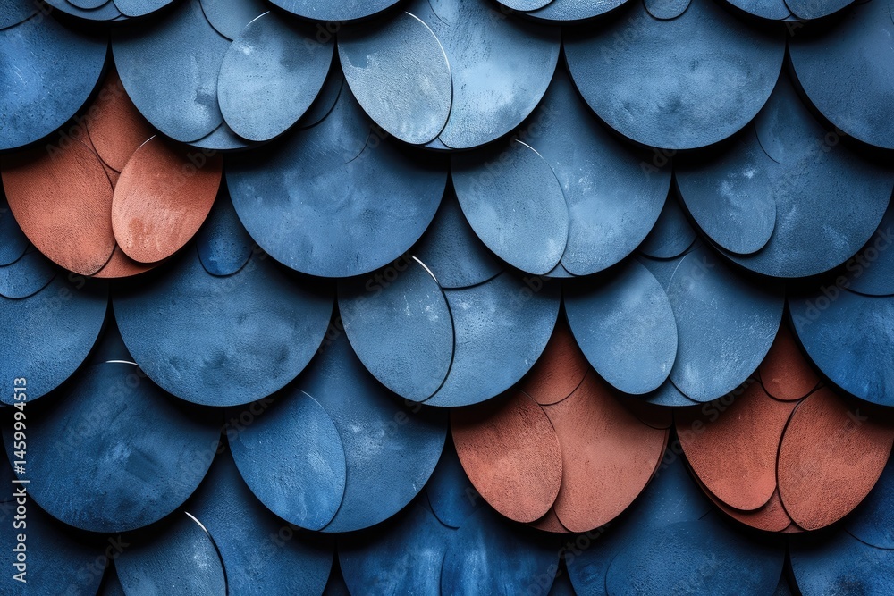 Poster abstract pattern of overlapping circular shapes in shades of blue and rust.
