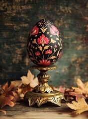 Ornate Easter egg on a stand, surrounded by autumn leaves.  Intricate floral design in black, pink, and gold
