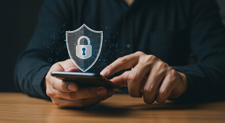 Person using smartphone with a security shield and padlock overlay for data protection concept business, data