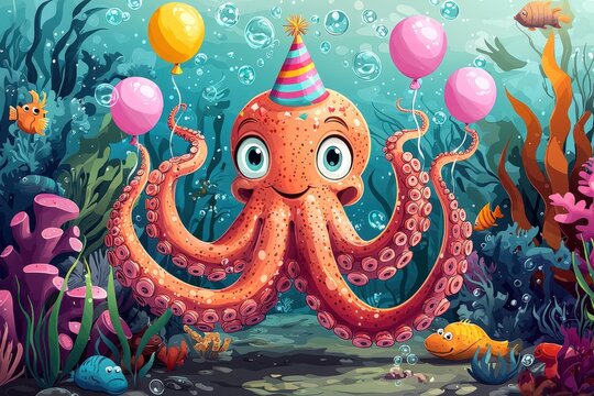 Cheerful cartoon octopus celebrating undersea birthday with balloons and party hat