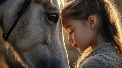 A horse gently nuzzling a girlâ€™s face, deep bond between human and animal --ar 16:9 --v 6.1 Job ID: 9c5911de-2c9c-46ee-93e7-da45ce5992d9