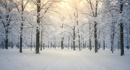 Fototapeta premium Snowy Winter Forest at Sunrise with Golden Sunlight