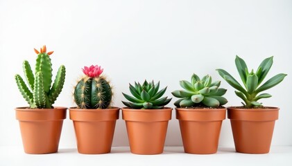 Fototapeta premium A colorful collection of succulents and cacti in various pots on a clean white background , flora, pots, succulent collection