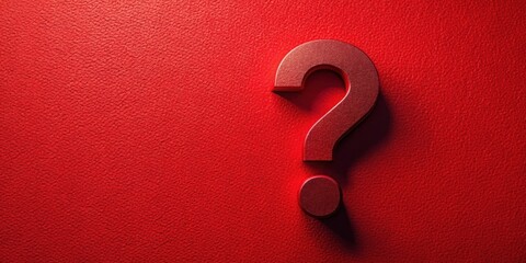 A large, metallic, 3D question mark sits on a textured, crimson background. The question mark is made of a shiny material, and it casts a shadow on the surface.