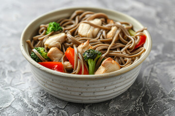 Stir-fried soba noodles with chicken, broccoli, and bell pepper served in a ceramic bowl on a textured gray background.