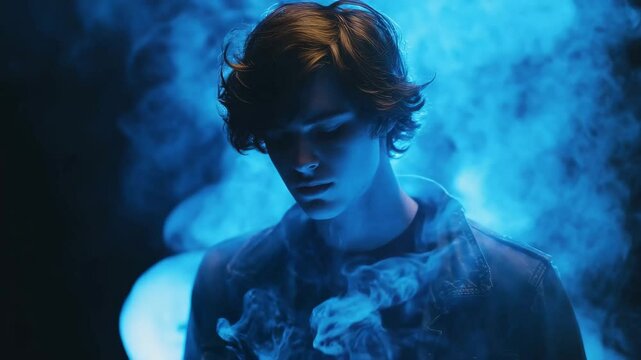 Young man surrounded by glowing blue smoke as he casts a magic spell in a mystical atmosphere, Smoke cloud overlay Magic spell Glowing blue vapor motion effect for video editing