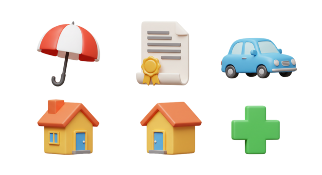 Illustration of insurance icons including umbrella contract car houses and plus sign on black background business, data