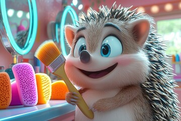 Charming hedgehog enjoying a vibrant makeup session in a colorful vanity setting