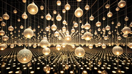 A luminous grid of suspended orbs casts warm light upon a network of glowing dots