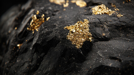 Captivating close up of black rock with golden vein showcasing natural texture and geological formation mineral detail in a macro shot with shallow depth of field 