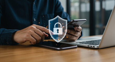 Person using mobile phone and laptop with a security shield overlay for data protection concept business, data