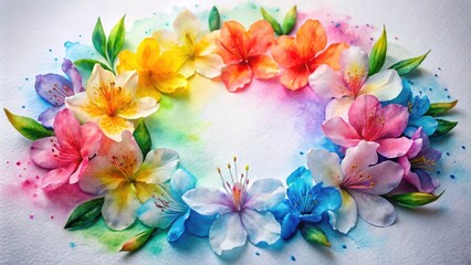 A watercolor painting of a colorful floral wreath with flowers in shades of blue, yellow, pink, and orange on a white background with a rainbow-colored watercolor wash