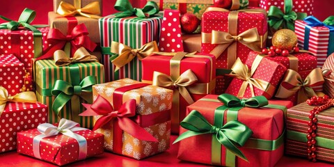 A Festive Collection of Wrapped Gifts with Red, Green, and Gold Ribbons and Bow Decorations