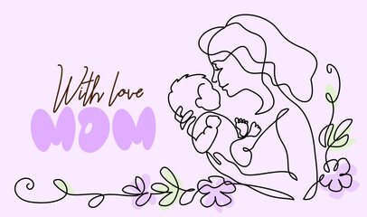 Happy Mother day card. Continuous one line drawing. Woman hold her baby