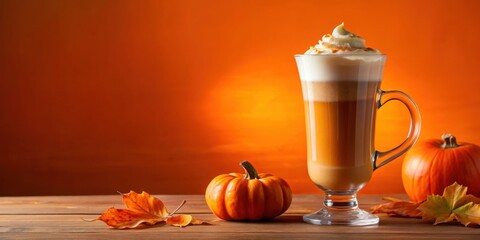 A Warm Pumpkin Spice Latte with Whipped Cream and Sprinkles, Adorned with Tiny Pumpkins and Autumn Leaves on a Rustic Wooden Table