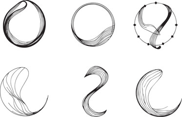 A set of vector elements, modern flat design with intricate black lines and futuristic aesthetics of sharp angles and smooth curves, simple two-dimensional shapes, soft dreamy atmosphere and high tech