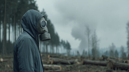 Man in a gas mask against the background of a cut-down forest