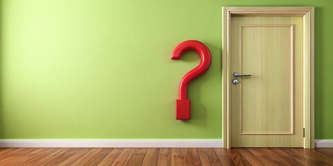A Red Question Mark Stands Against A Green Wall Beside A Wooden Door With A Black Handle