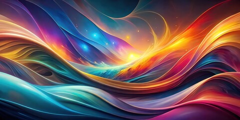 Abstract digital art depicting a cosmic landscape with vibrant colors, swirling waves, and shimmering lights.