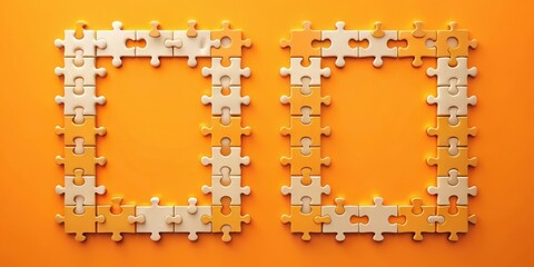 Interlocking puzzle pieces form two square frames against an orange backdrop, symbolizing interconnectedness and shared potential.
