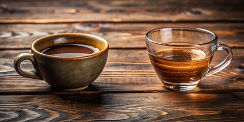 A rustic wooden table with a cup of coffee and a glass of tea, representing the simple pleasures of a quiet moment