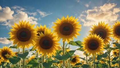 Obraz premium Golden sunflowers bask in vibrant blue sky, radiating joy , light, blue, horizon