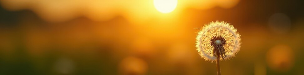 Fototapeta premium Golden sunset illuminates fluffy dandelion seed head , image, red