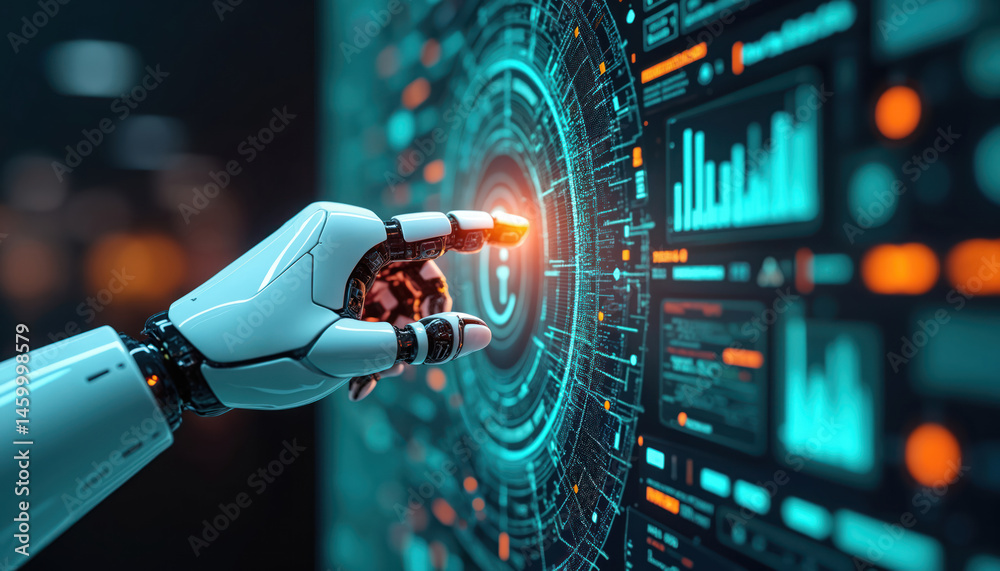 Aufkleber Robot hand touches virtual screen. Big data connection tech, AI machine learning concept. Futuristic digital interface with advanced analysis. Innovation future, cyborg, automation, cyberspace,